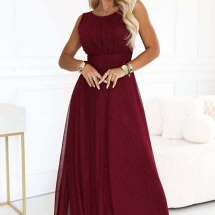 679-1 AVELINE Long maxi dress with glitter tulle and round neckline - burgundy