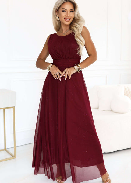 679-1 AVELINE Long maxi dress with glitter tulle and round neckline - burgundy