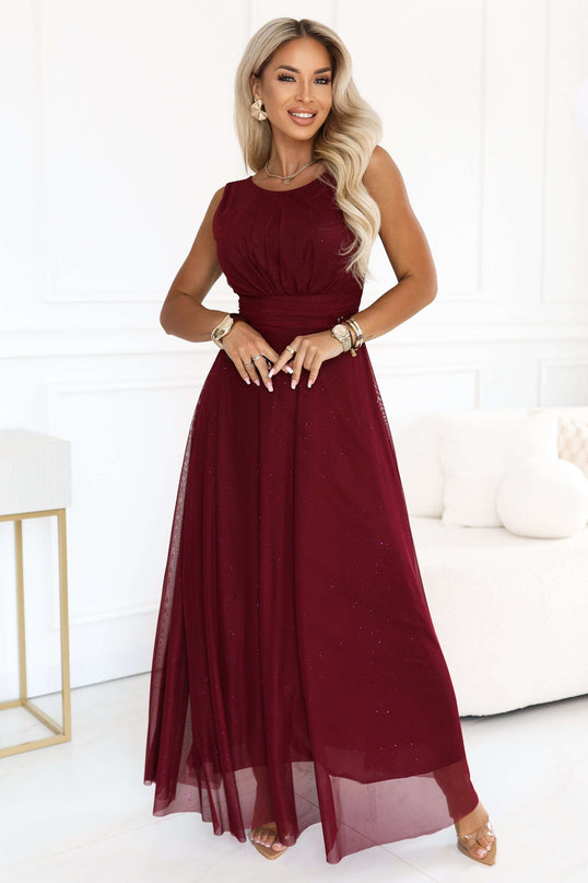 679-1 AVELINE Long maxi dress with glitter tulle and round neckline - burgundy