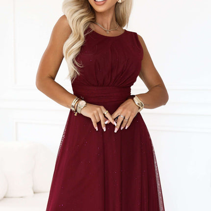 679-1 AVELINE Long maxi dress with glitter tulle and round neckline - burgundy