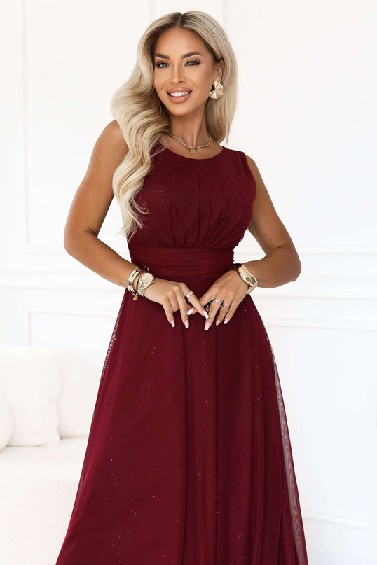 679-1 AVELINE Long maxi dress with glitter tulle and round neckline - burgundy