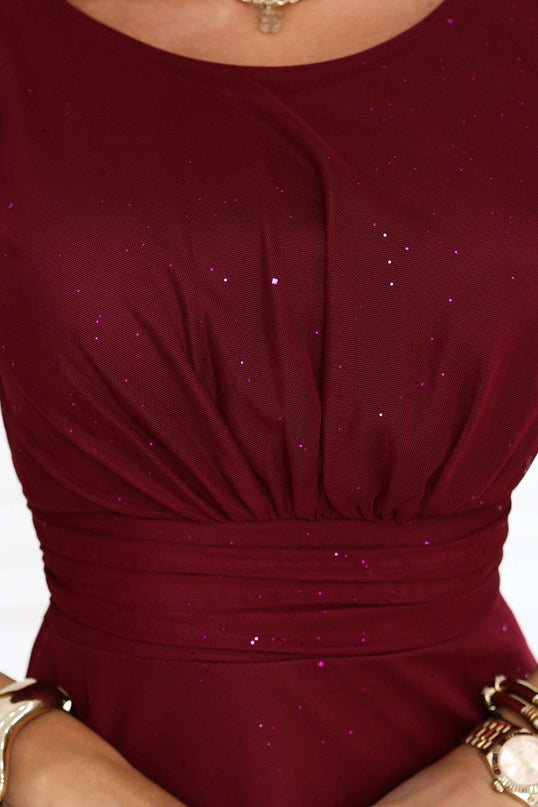 679-1 AVELINE Long maxi dress with glitter tulle and round neckline - burgundy