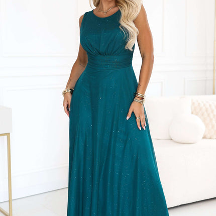 679-2 AVELINE Long maxi dress with glitter tulle and a round neckline - sea green