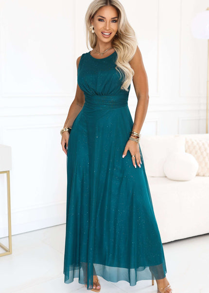 679-2 AVELINE Long maxi dress with glitter tulle and a round neckline - sea green