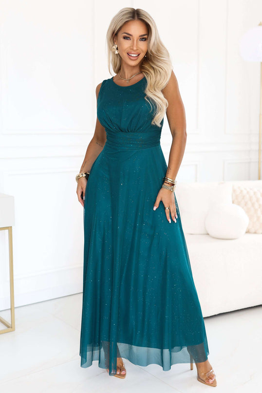 679-2 AVELINE Long maxi dress with glitter tulle and a round neckline - sea green
