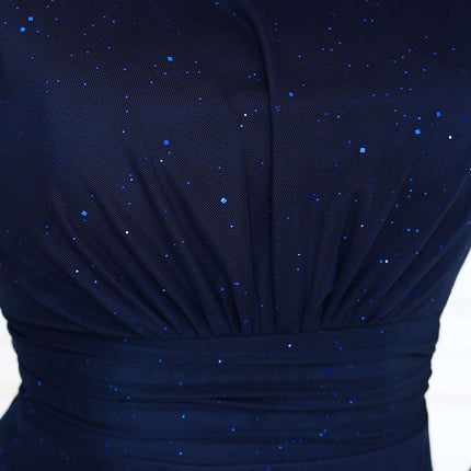 679-3 AVELINE Long maxi dress with glitter tulle and a round neckline - navy blue