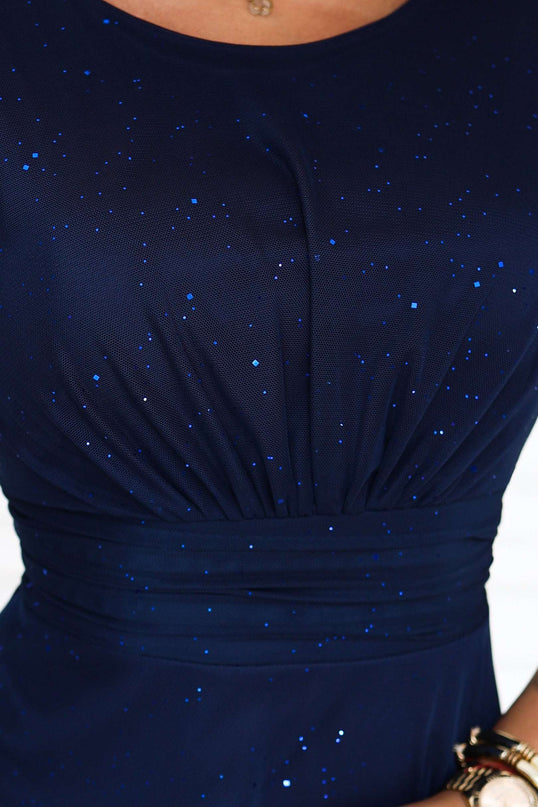 679-3 AVELINE Long maxi dress with glitter tulle and a round neckline - navy blue