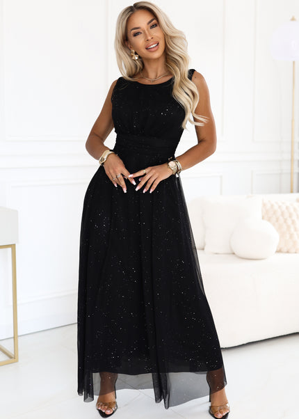 679-4 AVELINE Long maxi dress with glitter tulle and round neckline - black