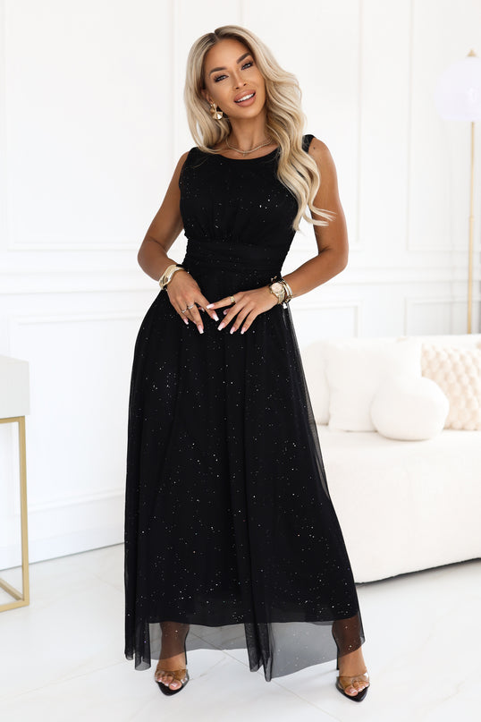 Black Glitter Tulle Maxi Dress with Round Neckline – Aveline