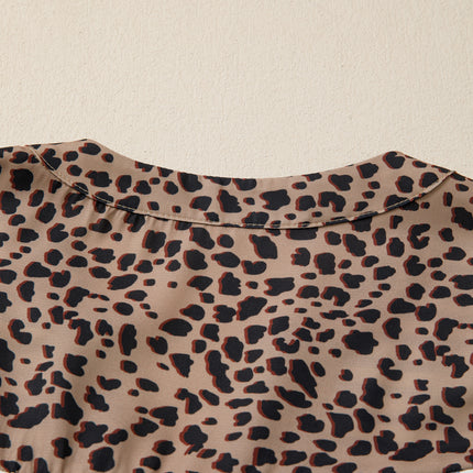 Sky Blue Stripe Leopard Trim V Neck Button Down Half Sleeve Shirt