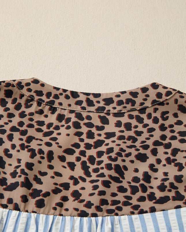 Sky Blue Stripe Leopard Trim V Neck Button Down Half Sleeve Shirt