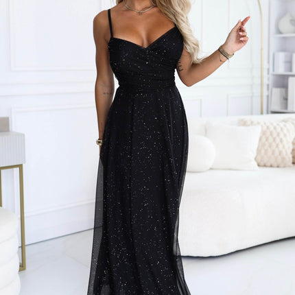 Black Glitter Maxi Dress with Wrap Neckline