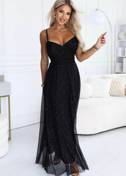Black Glitter Maxi Dress with Wrap Neckline