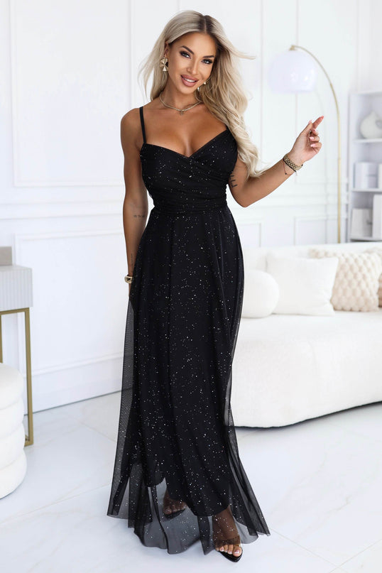 Black Glitter Maxi Dress with Wrap Neckline