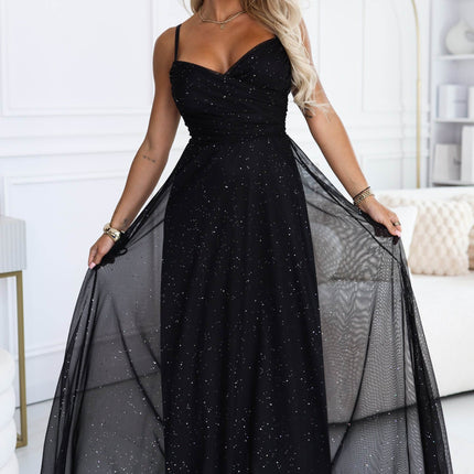 Black Glitter Maxi Dress with Wrap Neckline