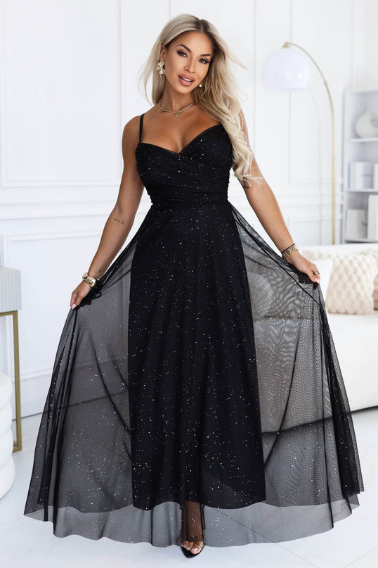 Black Glitter Maxi Dress with Wrap Neckline