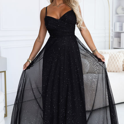680-1 Glitter maxi dress on straps with a wrap neckline - black