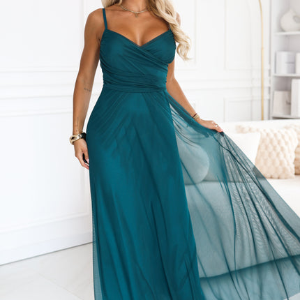 681-1 NILA Tulle maxi dress on straps with a wrap neckline - green