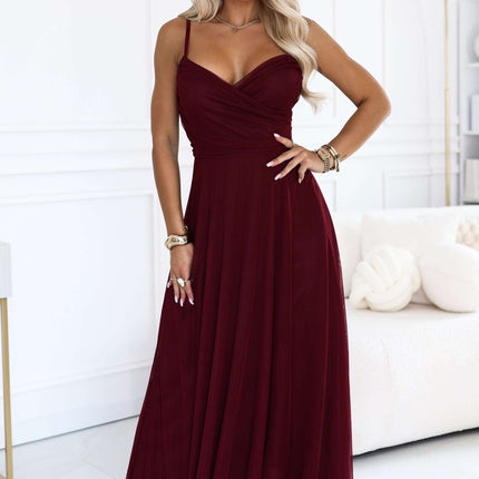 681-3 NILA Tulle maxi dress on straps with a wrap neckline - burgundy