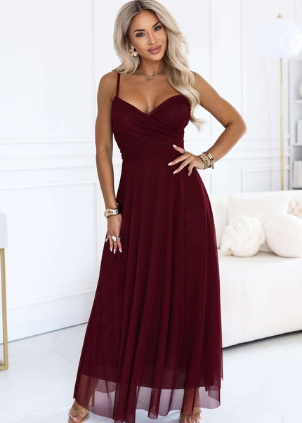 681-3 NILA Tulle maxi dress on straps with a wrap neckline - burgundy