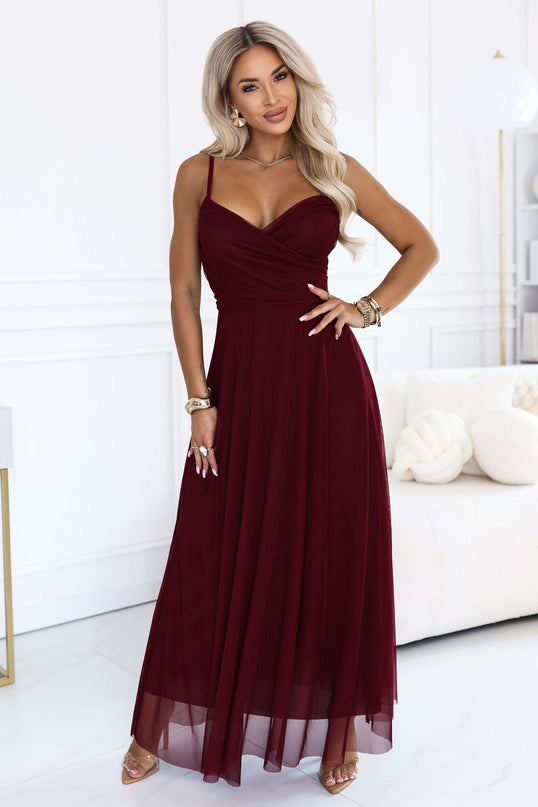 681-3 NILA Tulle maxi dress on straps with a wrap neckline - burgundy