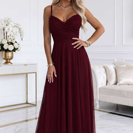 681-3 NILA Tulle maxi dress on straps with a wrap neckline - burgundy
