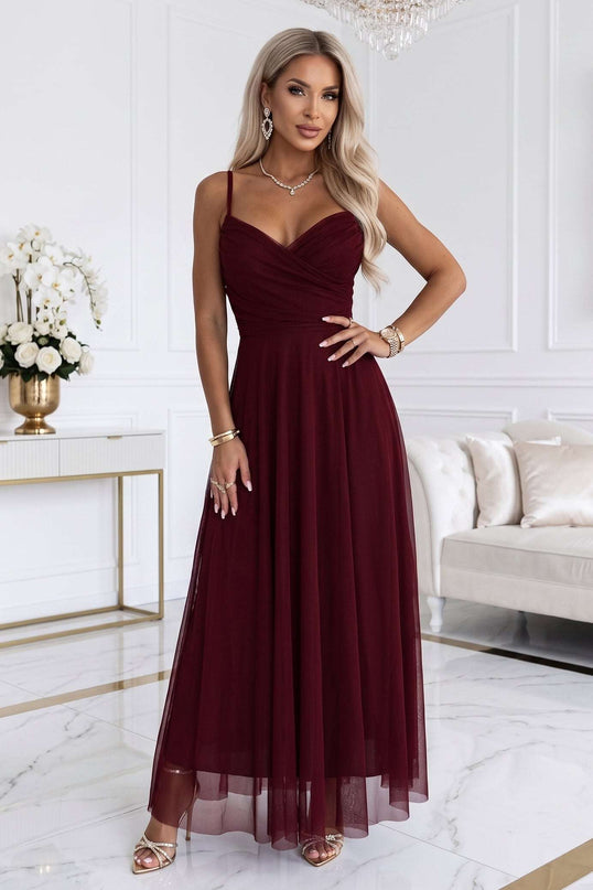 681-3 NILA Tulle maxi dress on straps with a wrap neckline - burgundy