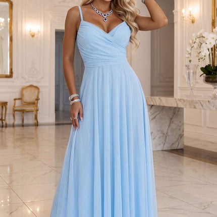 681-4 NILA Tulle maxi dress on straps with a wrap neckline - sky blue