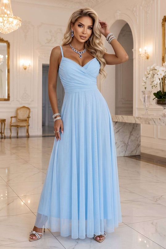681-4 NILA Tulle maxi dress on straps with a wrap neckline - sky blue