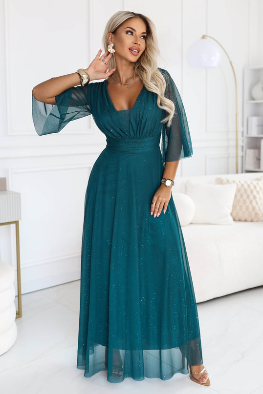 Sea Green Shimmering Dress with Neckline and Sleeve – Solenne