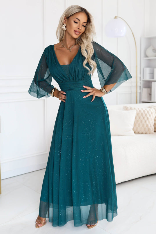 Sea Green Shimmering Dress with Neckline and Sleeve – Solenne