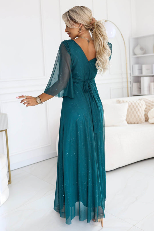Sea Green Shimmering Dress with Neckline and Sleeve – Solenne