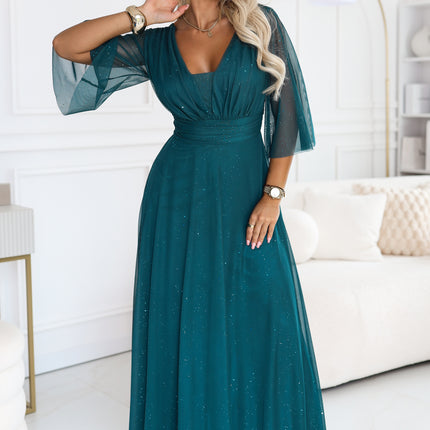 682-1 SOLENNE Long shimmering dress with neckline and sleeve - sea green