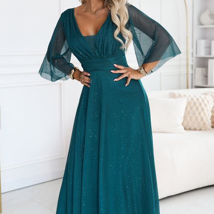 682-1 SOLENNE Long shimmering dress with neckline and sleeve - sea green