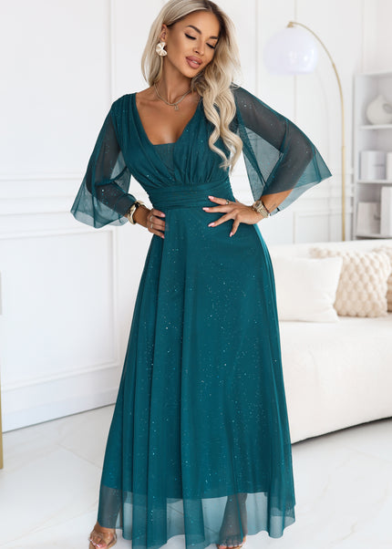 682-1 SOLENNE Long shimmering dress with neckline and sleeve - sea green