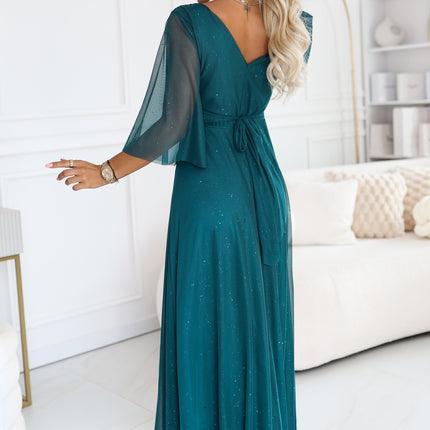 682-1 SOLENNE Long shimmering dress with neckline and sleeve - sea green