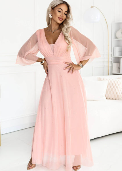 Peach Long Shimmer Dress with Neckline and Sleeve – Solenne