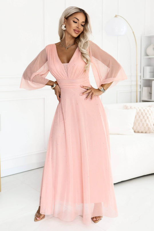 Peach Long Shimmer Dress with Neckline and Sleeve – Solenne