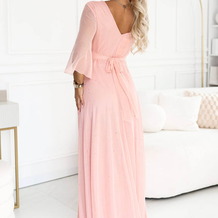 Peach Long Shimmer Dress with Neckline and Sleeve – Solenne