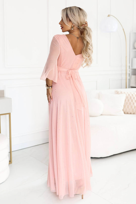 Peach Long Shimmer Dress with Neckline and Sleeve – Solenne