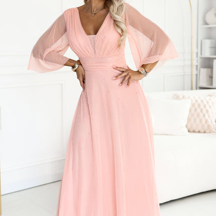 682-2 SOLENNE Long shimmering dress with neckline and sleeve - peach
