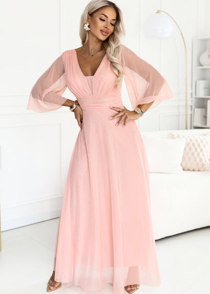 682-2 SOLENNE Long shimmering dress with neckline and sleeve - peach