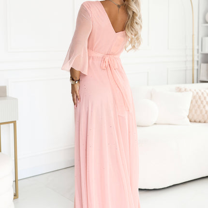 682-2 SOLENNE Long shimmering dress with neckline and sleeve - peach