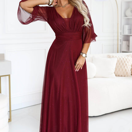 Dark Burgundy Shimmering Dress with Neckline and Sleeve – Solenne