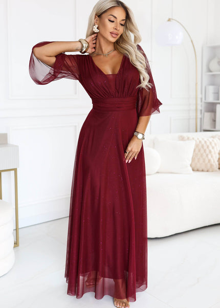 Dark Burgundy Shimmering Dress with Neckline and Sleeve – Solenne
