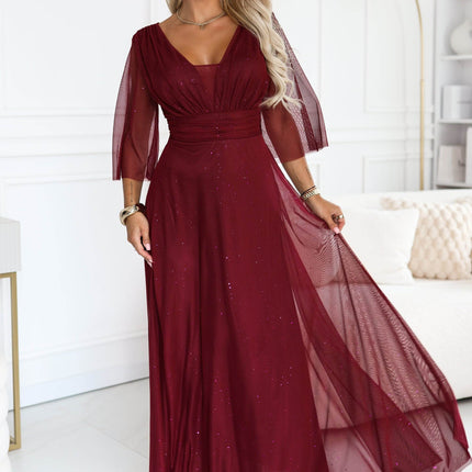 Dark Burgundy Shimmering Dress with Neckline and Sleeve – Solenne