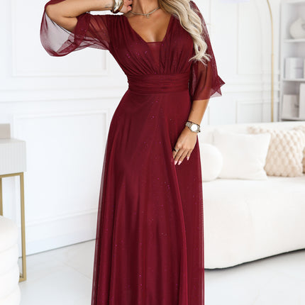 682-3 SOLENNE Long shimmering dress with neckline and sleeve - dark burgundy