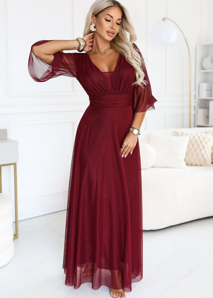 682-3 SOLENNE Long shimmering dress with neckline and sleeve - dark burgundy