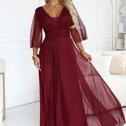 682-3 SOLENNE Long shimmering dress with neckline and sleeve - dark burgundy