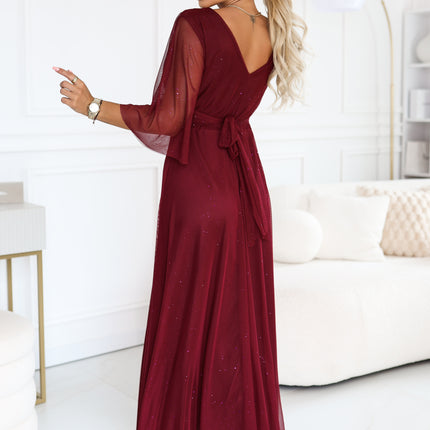 682-3 SOLENNE Long shimmering dress with neckline and sleeve - dark burgundy